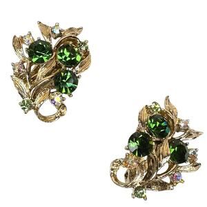VTG Clip On Earrings Hope Chest Green Rhinestone Silver Tone Glam Formal